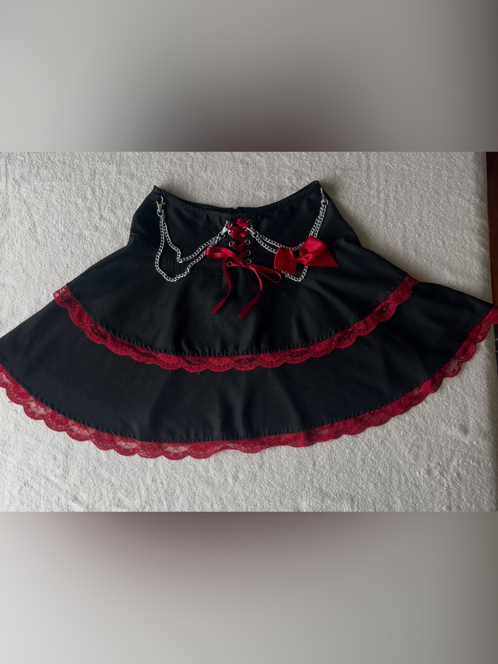 Social Collision Black Mini Skirt with Red Lace Trim and Silver Chain Details M